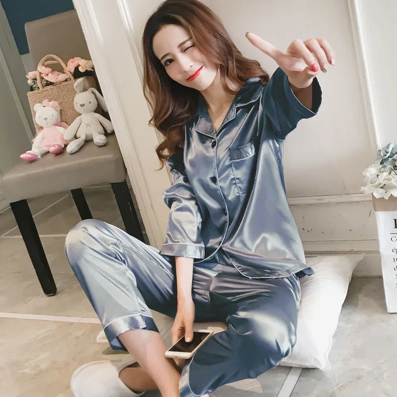 OVERSIZE 3XL 4XL 5XL Women Sleepwear Satin 2PCS Shirt&Pants Pajamas Set Solid Nightwear Silky Intimate Lingerie Casual Homewear