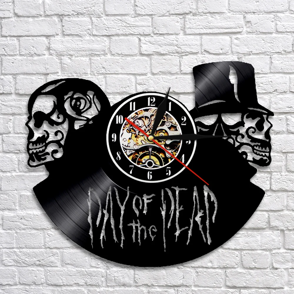 Dia De Muertos – horloge murale en vinyle, avec crâne, enregistrement, squelette d'halloween, décoration d'horreur, 3D