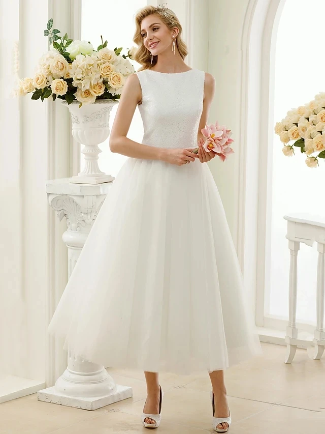 

A-Line Top Sequins Wedding Dress 2023 Bateau Neck Tea Length Tulle Bridal Gown Beach Simple Plus SIze Robe De Mariage