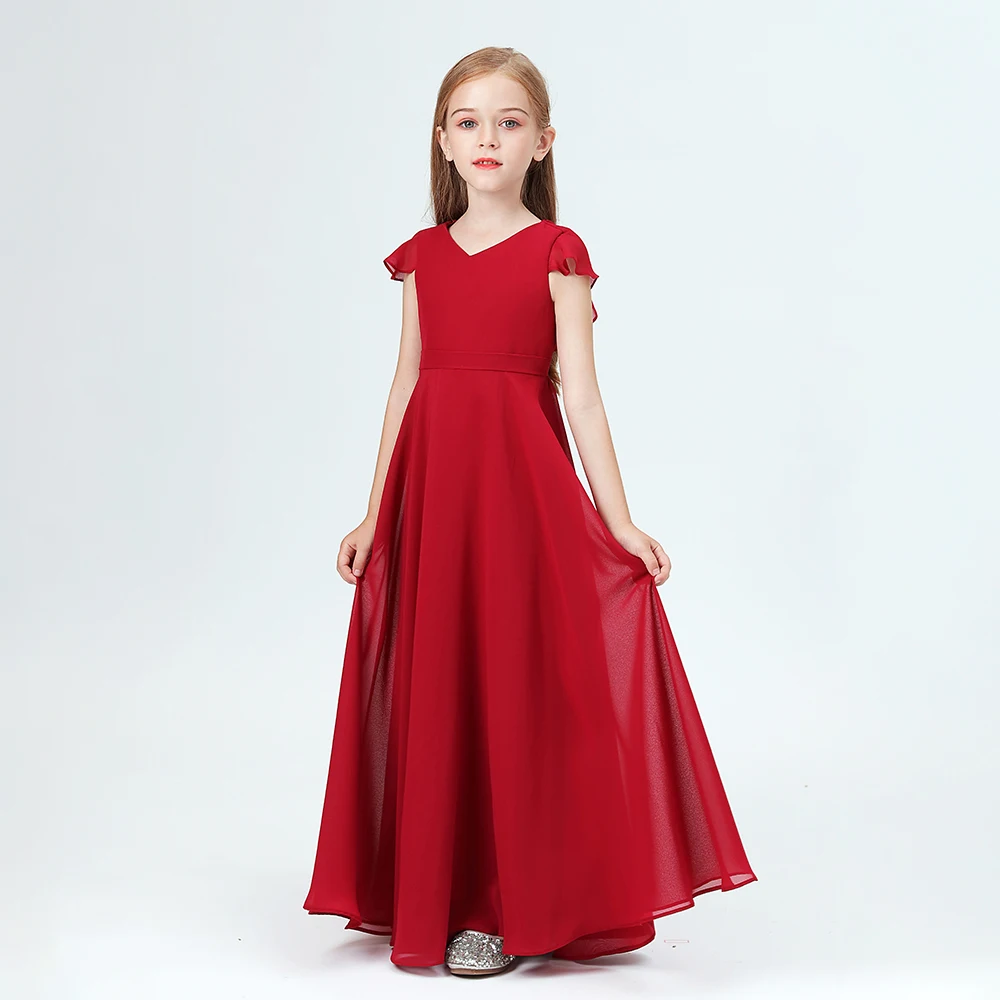 V-neck Chiffon For Children Birthday Evening Party Ceremony Wedding  Graduation Ball-Gown Pageant Banquet Prom Event Celebration