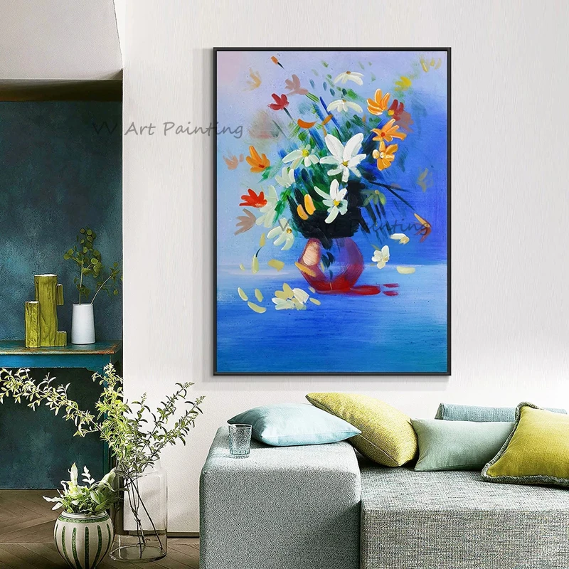 

Abstract Canvas Painting Hand Painted Palette Knife Flowers in Vase Oil Painting Modern Decor Unframed Floral Pictures Wall Art
