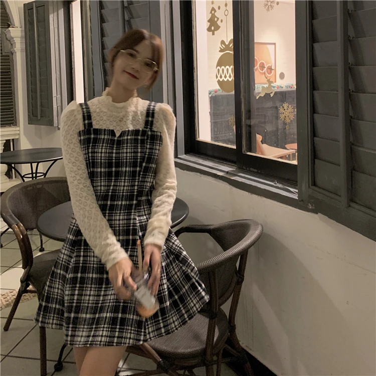 Koreanischen Stil Süße lolita kleid Spitze Nähte Plaid Gefälschte Zwei-Stück Temperament Langarm Kleid frauen Herbst und winter