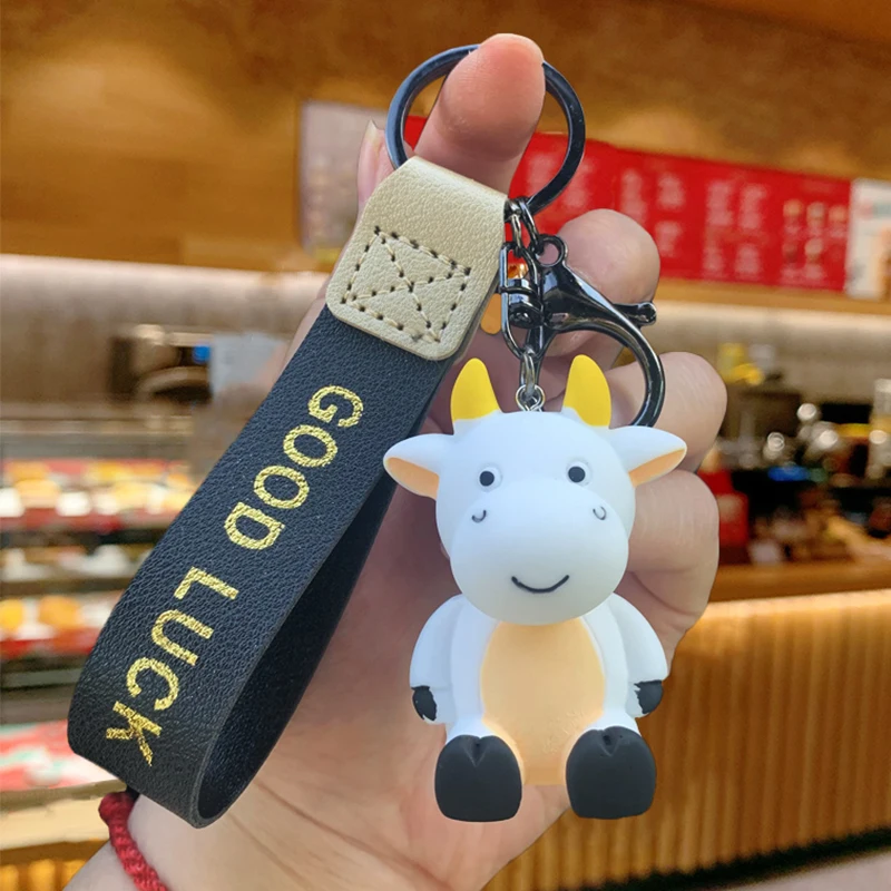 PVC Lucky Calf Keychain White Pink Blue Red Bull Ox Pendant Cute Bag Car Keyring Jewelry Lanyard Men Women Couple New Year Gift
