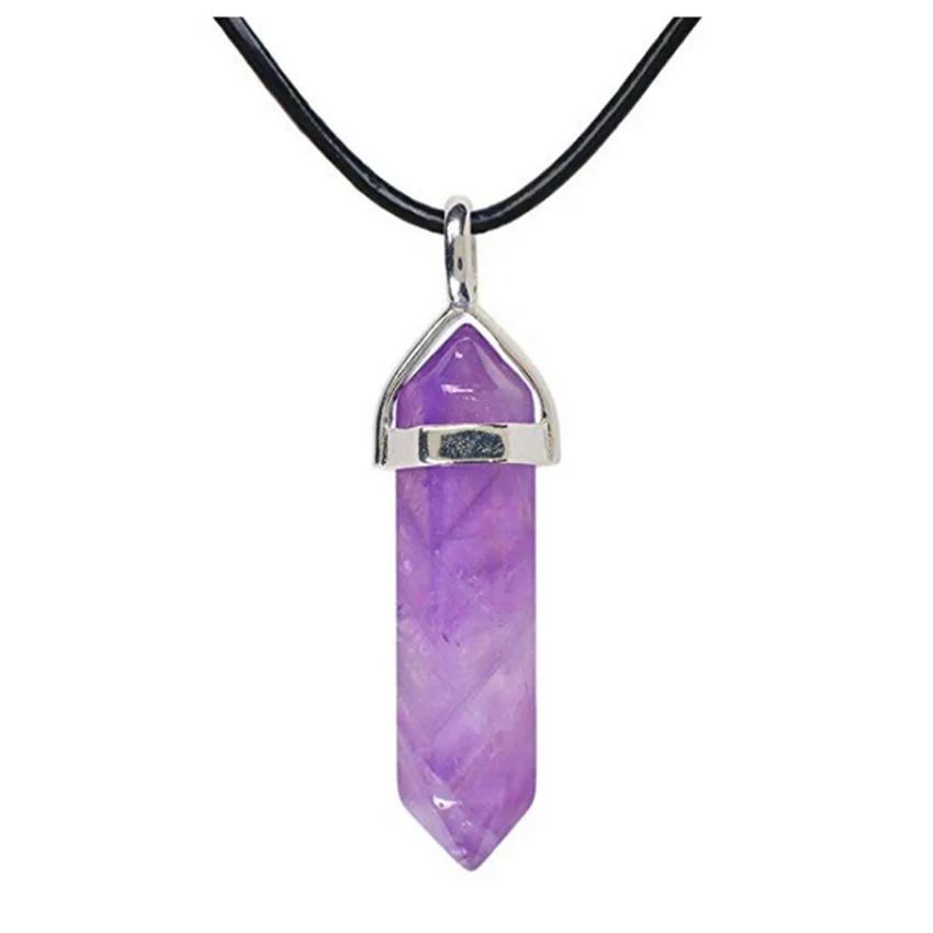 

FYJS Unique Silver Plated Hexagon Column Pendant Natural Purple Amethysts Necklace Stone Jewelry