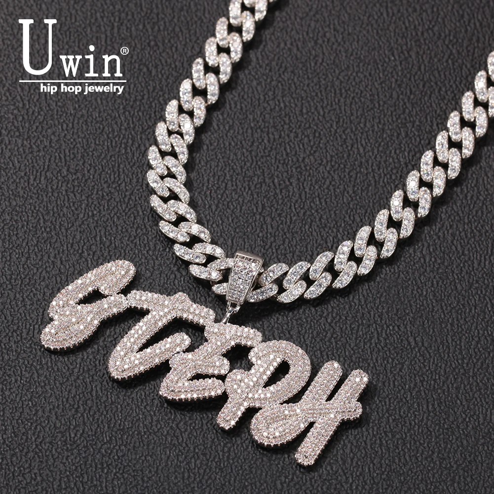 

Uwin Brush Letters With 9mm Iced Out Cuban Chain Custom Name Necklace Choker Initial Personalised Chain Hiphop Jewelry