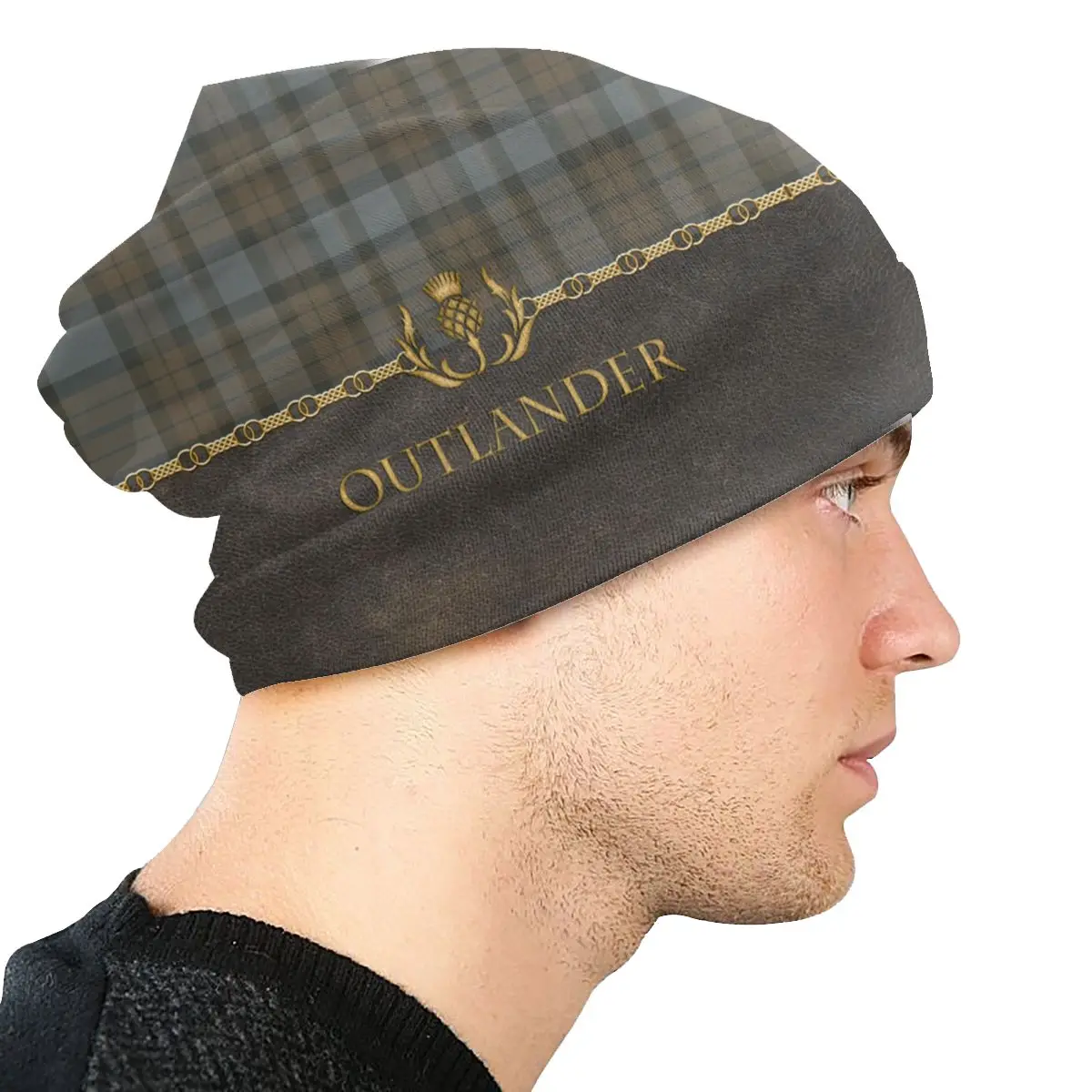 Custom Bonnet Warm Knit Hat Leather And Tartan Outlander Pattern Skullies Beanies Caps Plaid Check Texture Beanie Hats Ski Cap