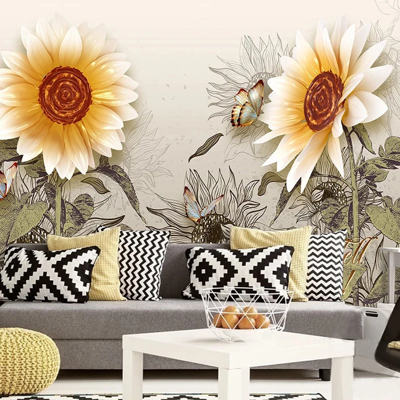 

Custom Mural Wallpaper 3D Relief Sunflower European Style Retro Living Room TV Background Wall Decor Self-Adhesive Wall Stickers