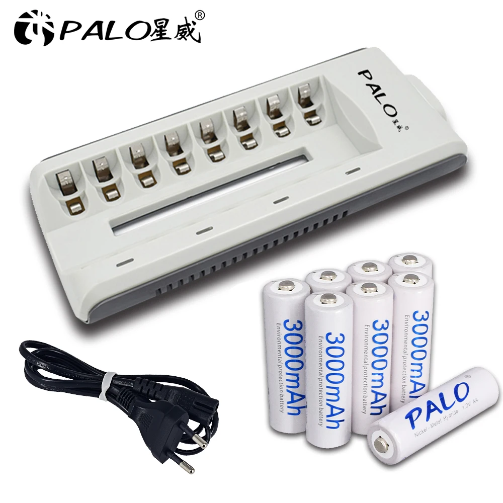 8Pcs PALO NIMH AA Rechargeable Battery aa 3000mAh 1.2V Batteries With Charger for AA AAA NIMH NICD 1.2V batteria batteries