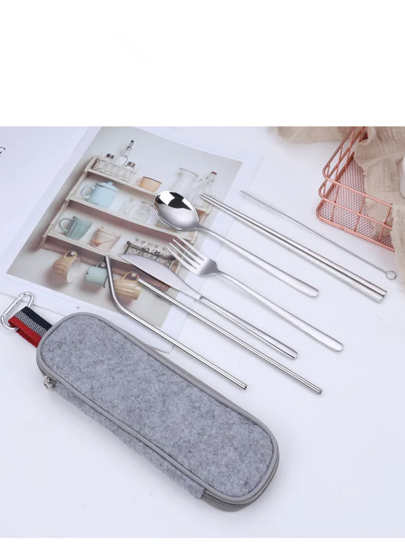 1SET Dinnerware Set Camping Cutlery Travel Silverware Reusable Utensils Metal Straw Spoon Fork Chopsticks Portable Case QA 152