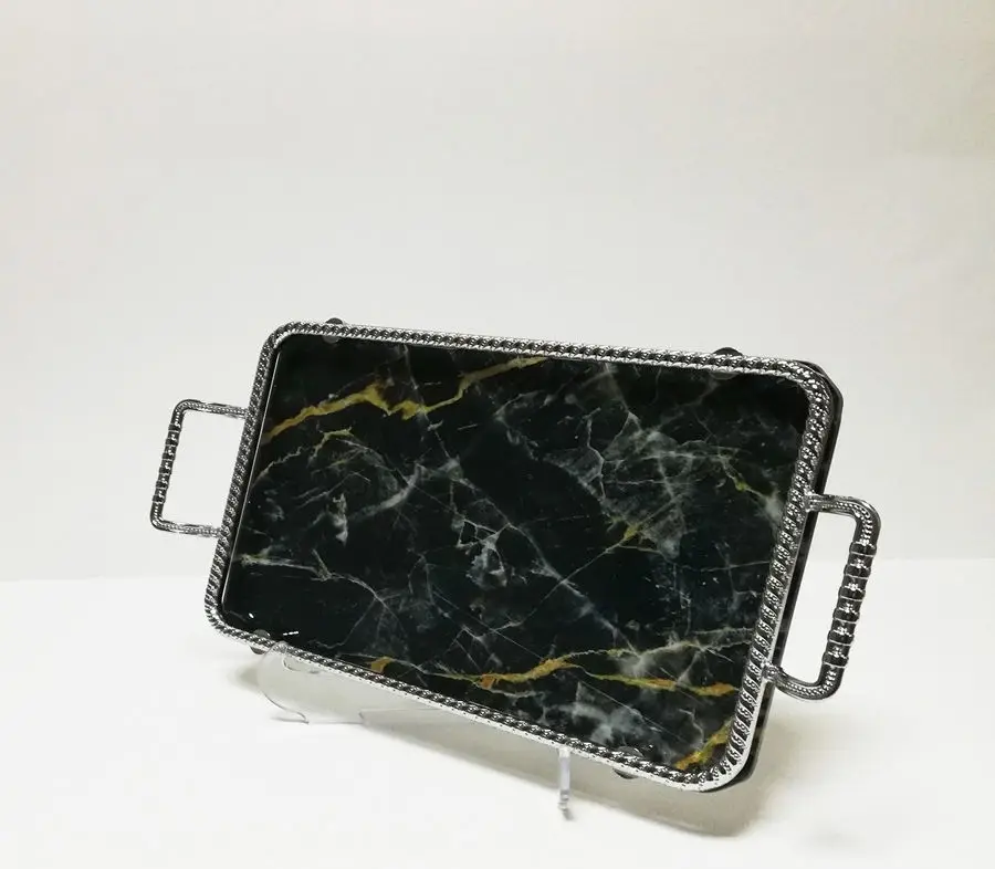 DOLBOVI Small Size Silver Black Marble Patterned Glass Marbled tray 30 x17xh5 cm tray поднос plateau de service