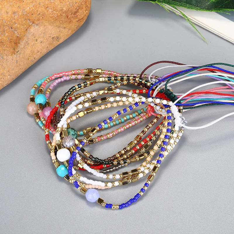 Meetvii Thin Natural Stone Bracelet Miyuki Beads Handmade Black Stone Bracelets for Women Boho Adjustable Rope Lady Jewelry
