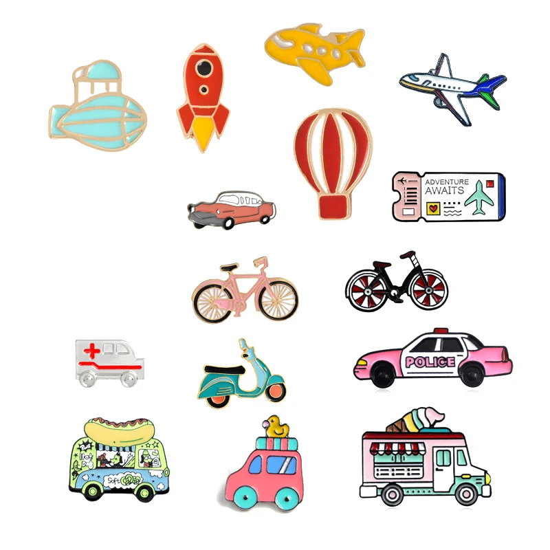 Creative Bicycle Electric Vehicle Car Enamel Brooch Planet Hot Air Balloon Rocket Spacecraft Airline Ticket Badge Cartoon Pin