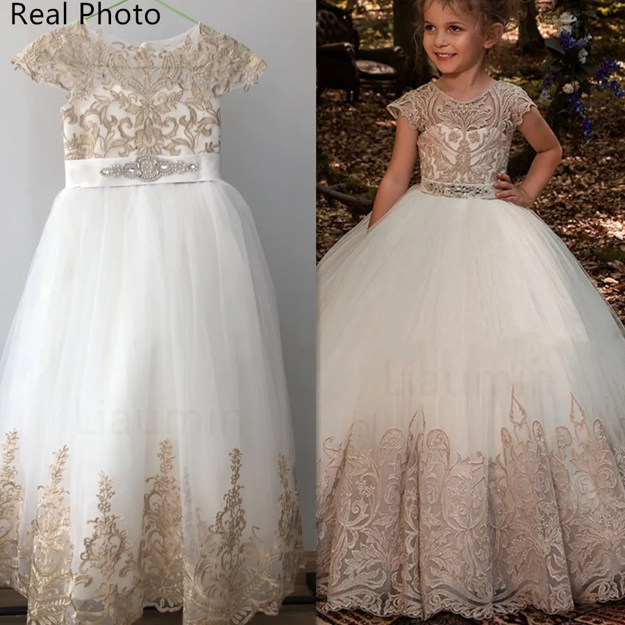 Ball Gown Puffy Tulle Lace Applique Flower Girls Dresses Kids Clothes Little Princess First Communion Party Size Customized FL20