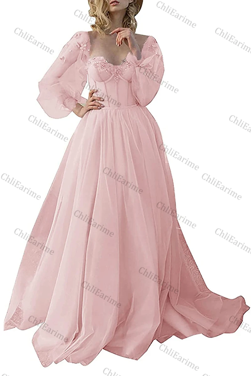 Frauen Vintage Ballkleider Tüll Formale Prom Abendkleid Puffy Langarm Schatz Prinzessin Hochzeit Kleider