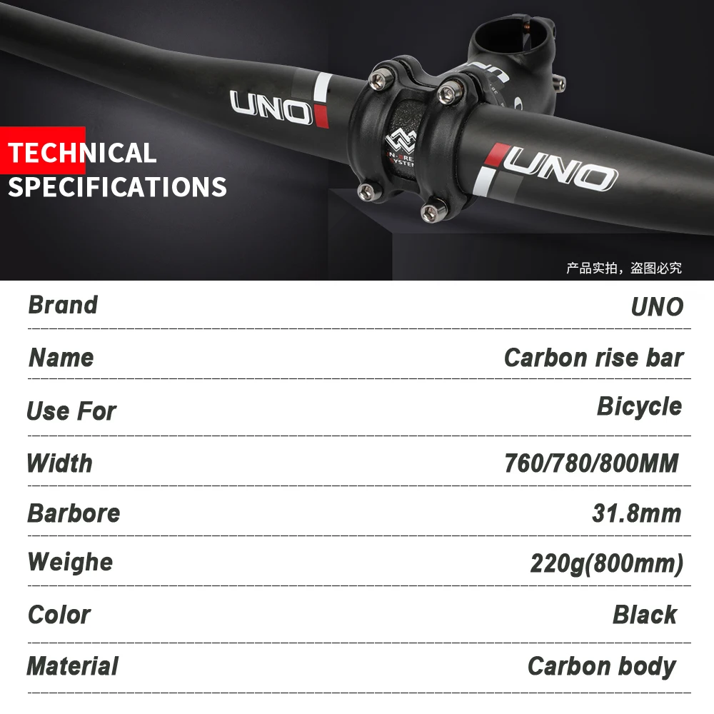 UNO Mountain Bike Handlebar Full Carbon Fibre MTB Handlebar 31.8mm 9 Degree Bicycle Flat Bent Bar 760/780/800mm Cycling Parts