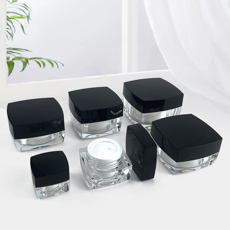 ขนาดเล็กสแควร์ขวดรีฟิลขวด5G 10G 30G 50G ใส Empty Jar หม้อคริลิคพร้อมฝาปิดสีดำแต่งหน้าขวดครีมหน้ากล่อง