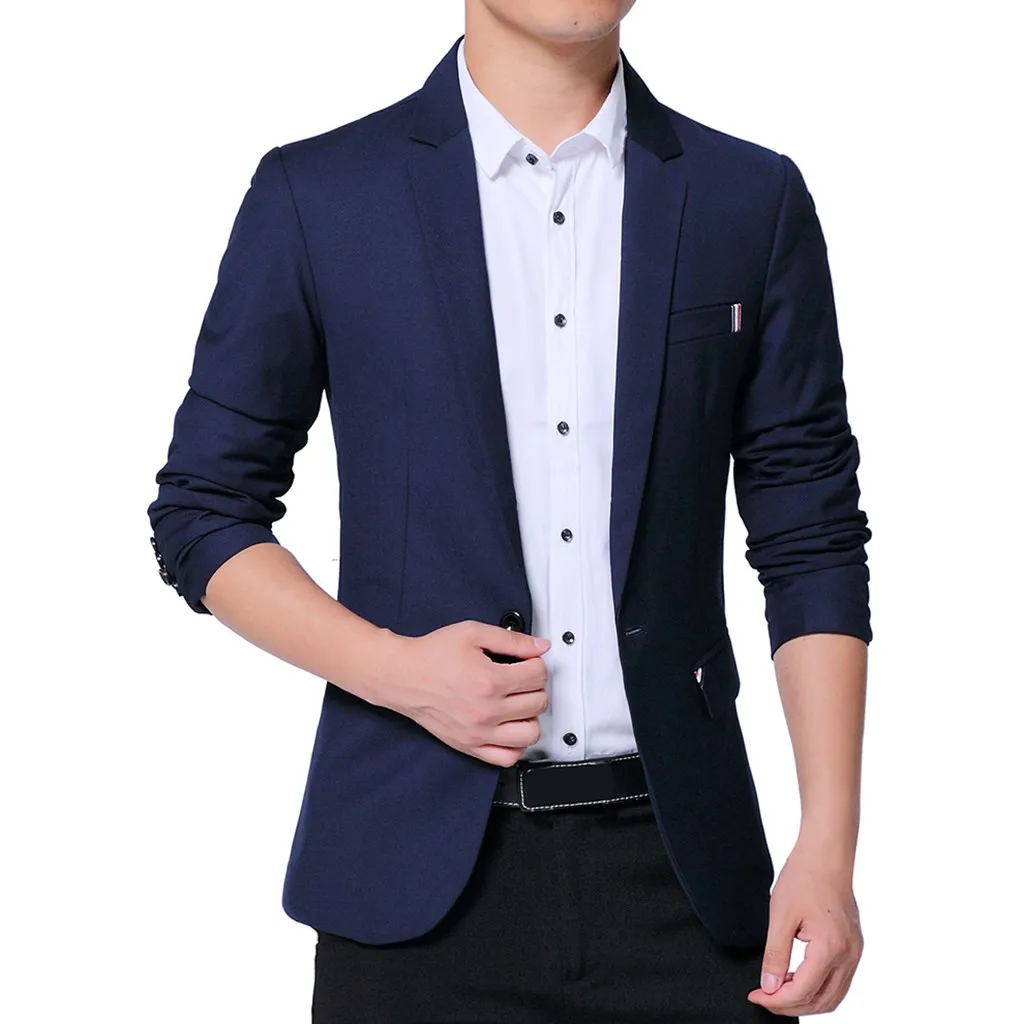 

Vogue Men's Business Suit Jacket Autumn One Button Suit For Self-Cultivation Solid Blue Black Coats