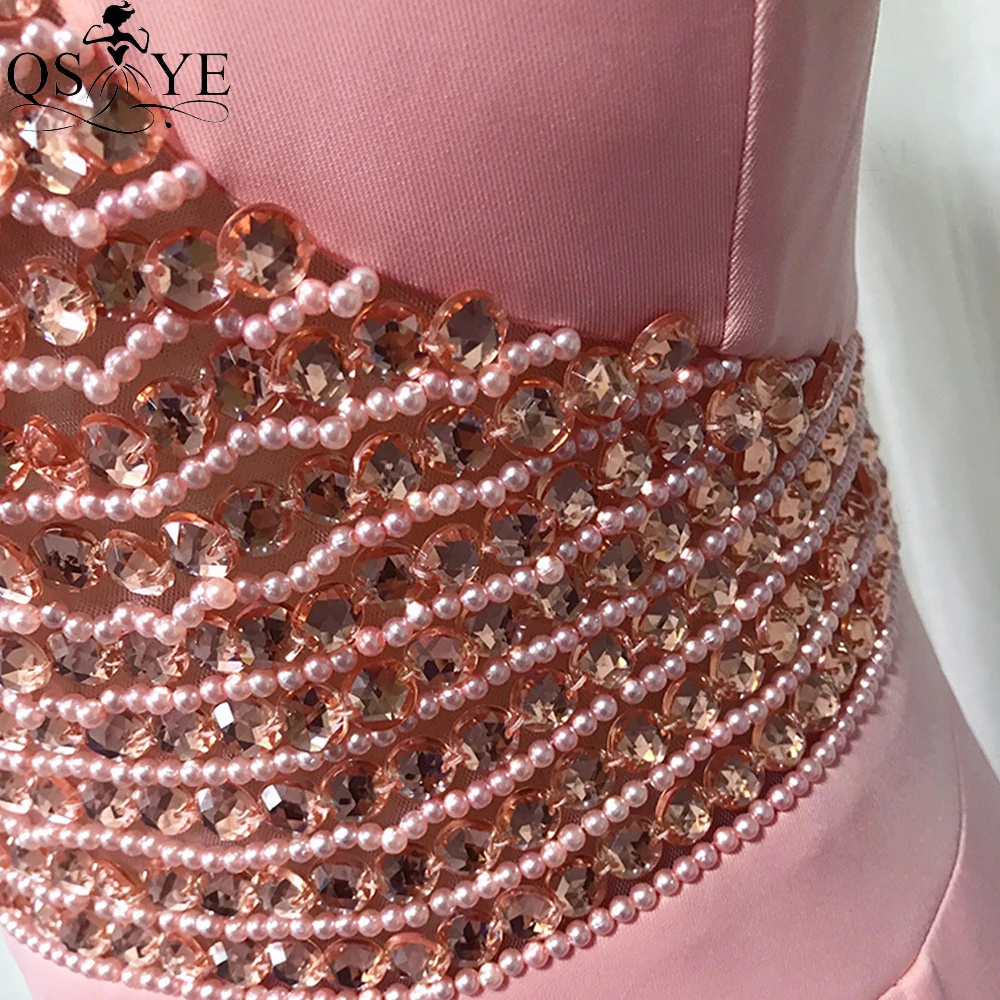 QSYYE Pink Evening Dresses Elastic Beading High Neck Mermaid Evening Gown Crystals Party Dress Split Basque Waist Formal Dress