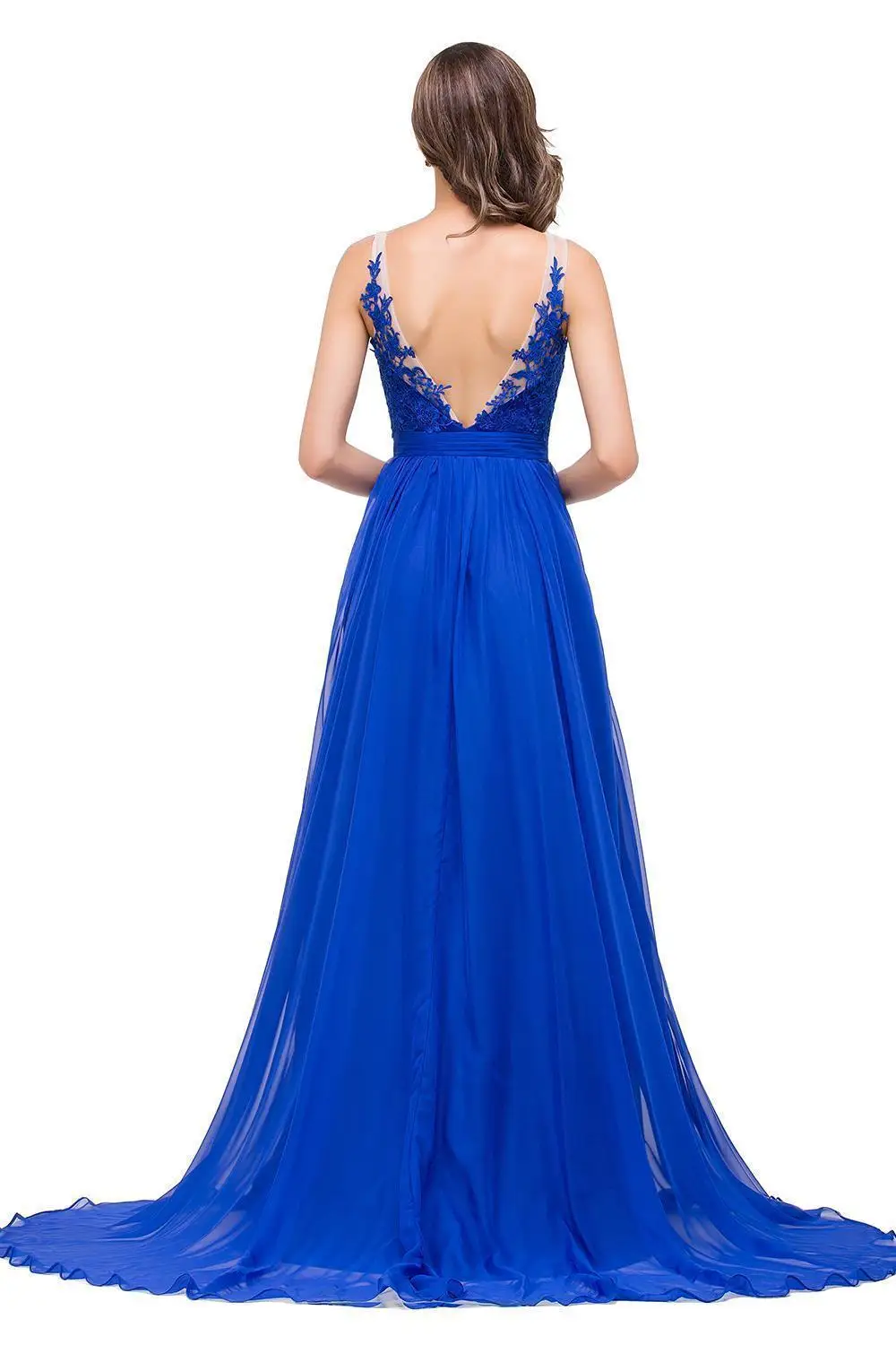 In Stock Royal Blue Lace Long Evening Dress Sexy Illusion Chiffon A-line Evening Party Dresses Backless Robe De Soiree