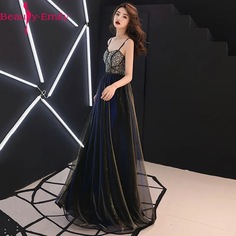 

Beauty Emily Romantic Sweetheart Sleeveless Evening Dress Long Tulle Spaghetti Strap Zipper Back Beading Sequined Dress