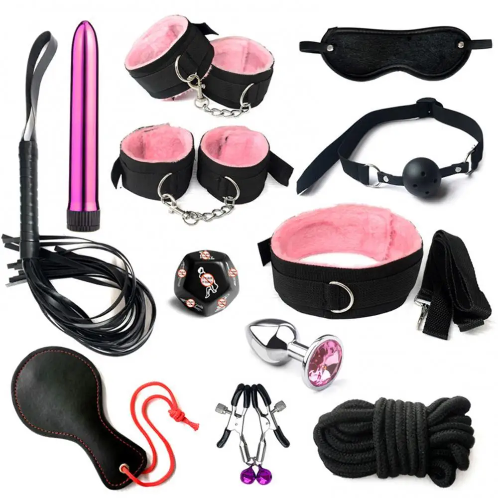 Blindfold 12Pcs/Set Sexual Bondage Handcuff Whip Adult Couple Sex Toys Tools Set Erotic Sex Toys For Adult Leather BDSM Kits