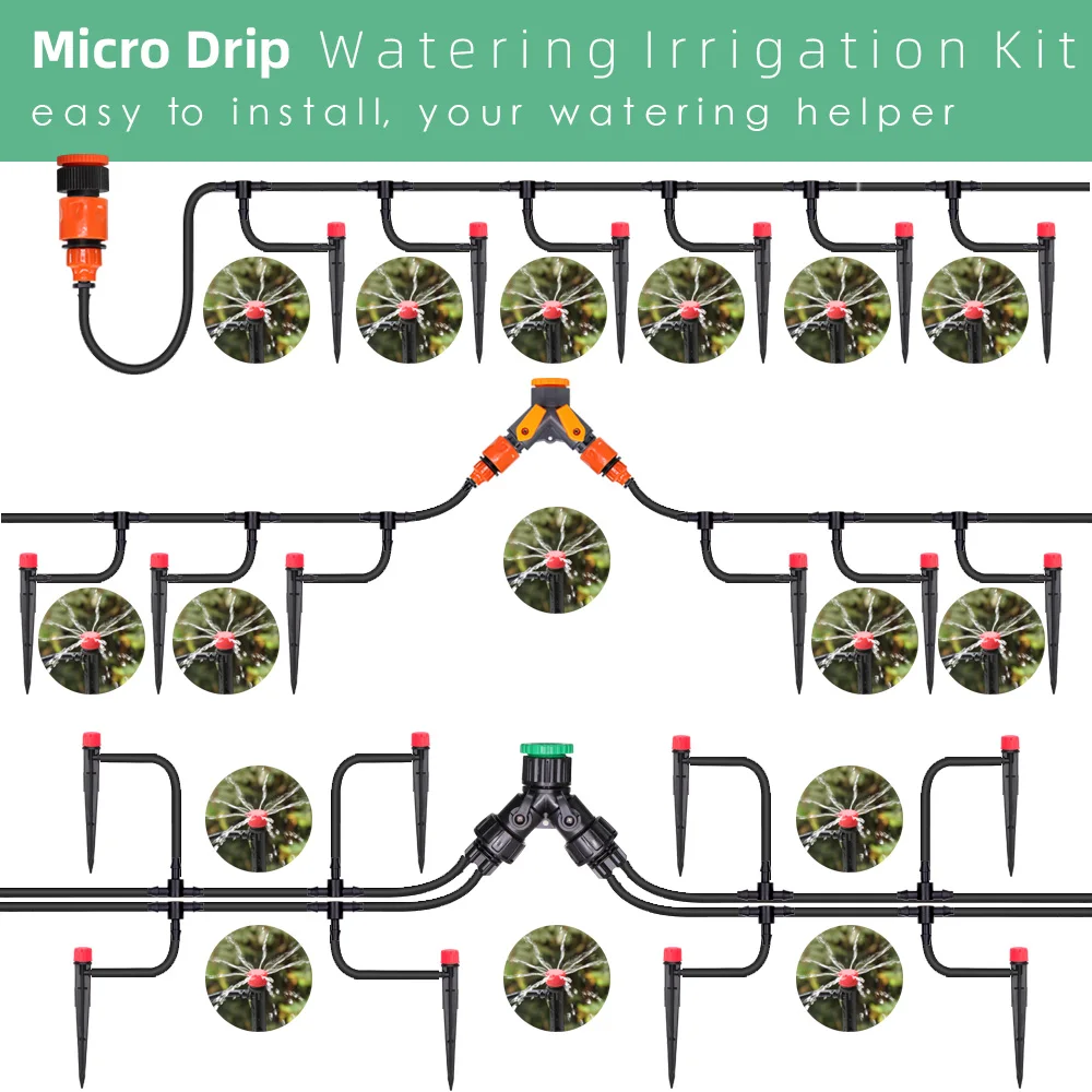 MUCIAKIE 13CM Drip Irrigation System 1/4'' Hose Adjustable Sprinkler Kit 4-Way Micro Watering Flow for Garden Flowers Vegetables