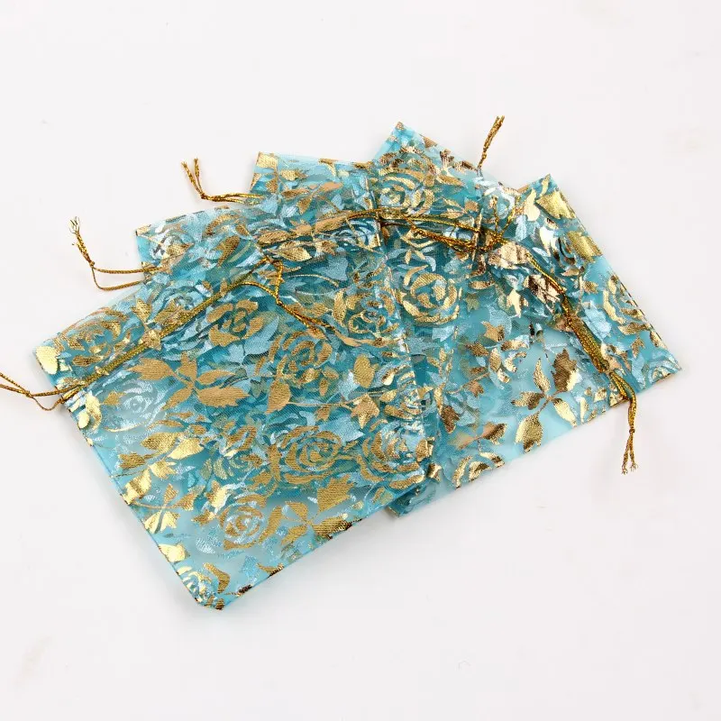 100pcs/lot 7x9cm 9x12cm Mixed Gold Color Heart Star Adjustable Drawstring Pouch Bags for Wedding Gifts Organza Jewelry Pouch