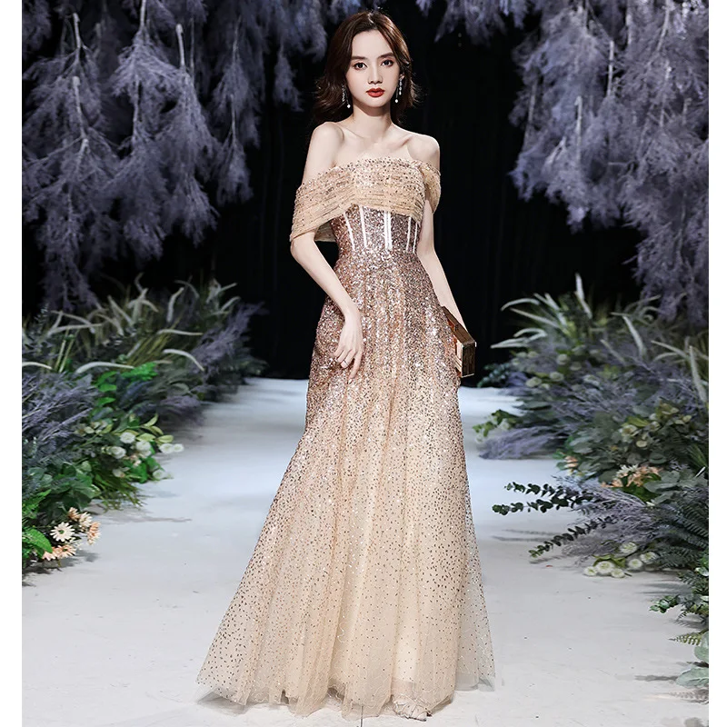 

Golden Starry Sky Gradient Banquet Evening Dress Female 2021 Host Annual Meeting Elegant Off the Shoulder Prom Dress A103