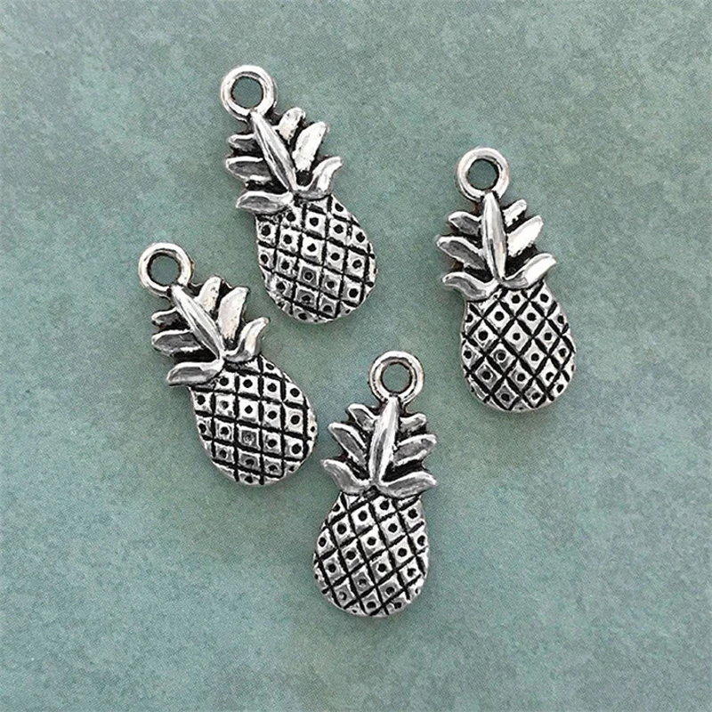 6 Pineapple Charm Pendants Alloy Tone Double Sided 19mm x 9mm Fruit Charm Pineapple Pendant