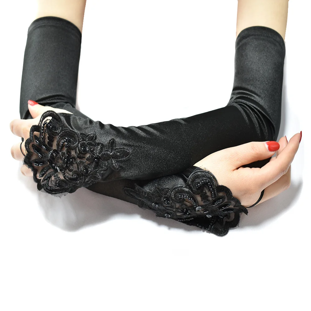 Vintage 1920s Fingerless Lace Sequins Satin Classic Party Gloves Costume Accessories Stretch Opera Black Women Long Lace Gloves