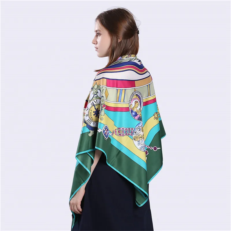 POBING 100% Twill Silk Scarf Women Square Scarves Brand Large NecKerchief Watch Print Foulard High Quality Bandana Big Hijabs