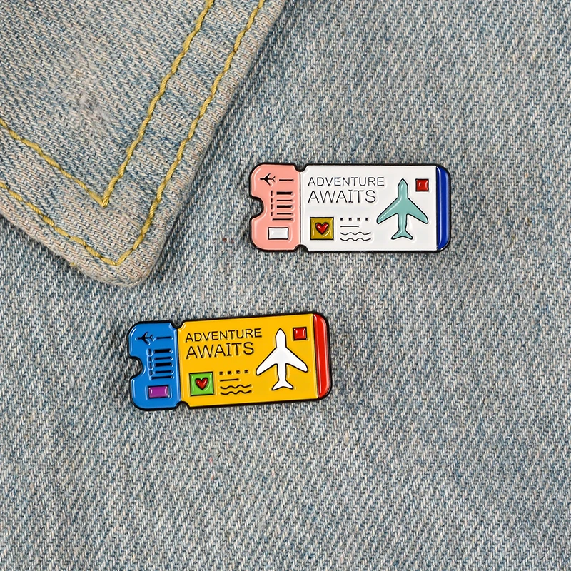 Cartoon Airplane Tickets Enamel Pin Adventure Awaits Custom Lapel Bag Badge Outdoors Travel Jewelry Brooches Pins for Friends