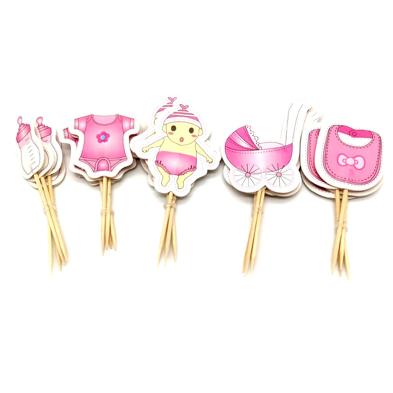 24pcs/lot Baby Shower Decorate Birthday Party Kids Favors Baby Clothes Carriage Bottle Boy Girl Cupcake Cake Toppers With Sticks