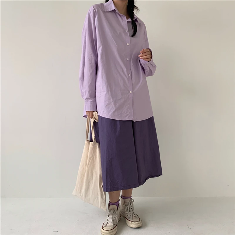 Seoulish-Blusa de manga larga holgada para mujer, camisa holgada elegante con botones, estilo coreano, color morado, 100% algodón, novedad de 2021