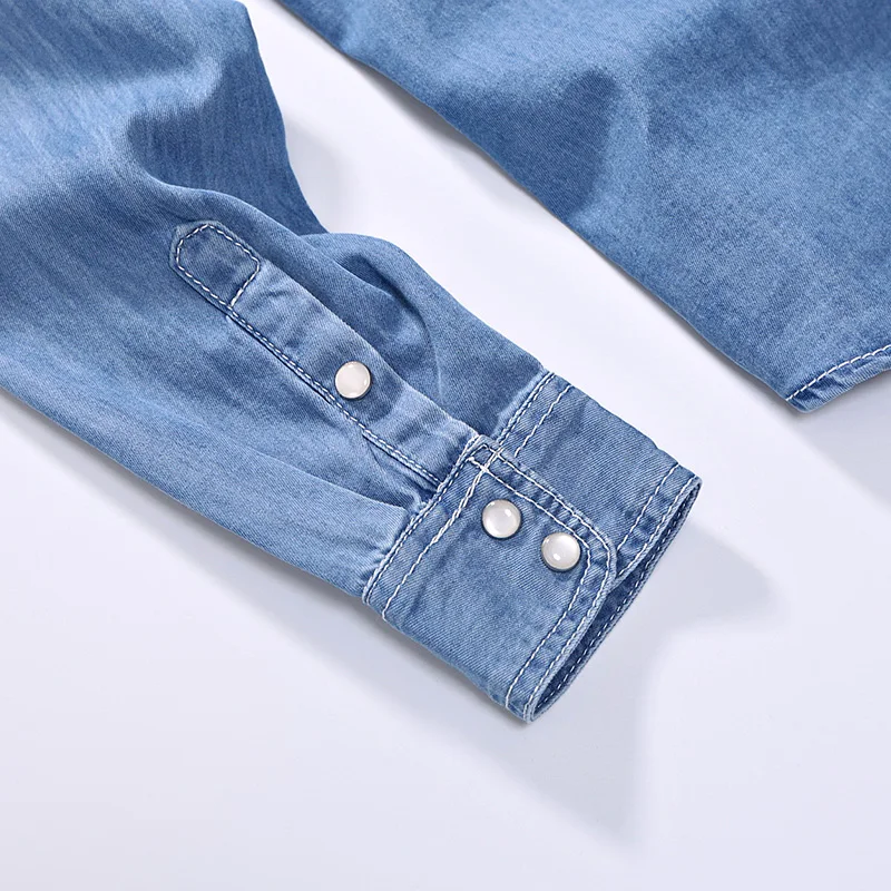 New style Spring Autumn Leisure time Men Denim Thin Shirt Long Sleeve Soft  Two Pockets Slim Slight  Jeans Cowboy