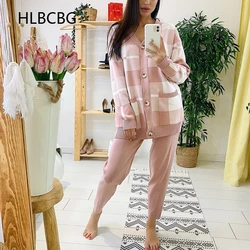 Autumn Winter Plaid Knit Women's Tracksuit Hooded Zipper Jacket Cardigan + Crop Top Vest + Solid Harem Pants 3 Piece Set Women