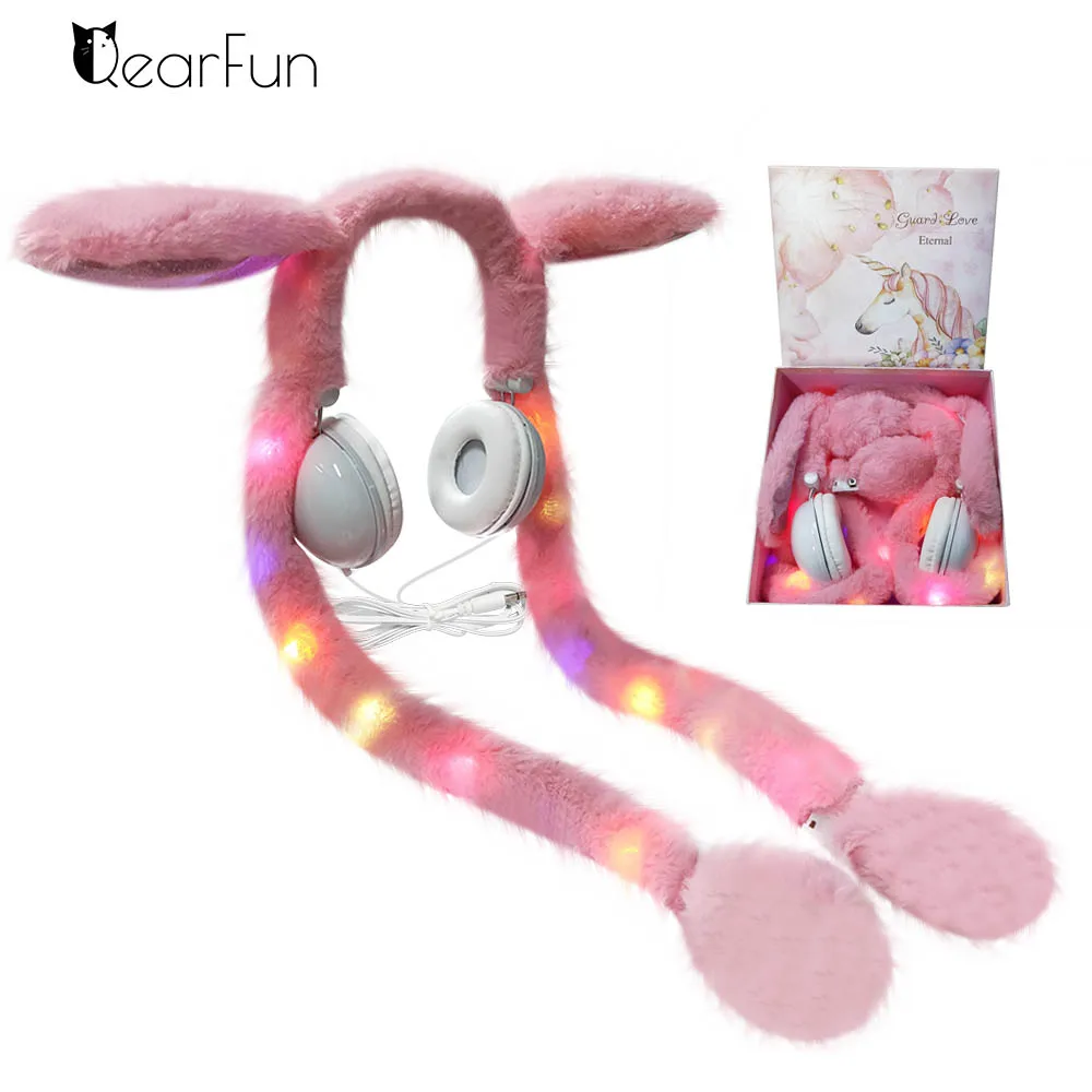 Cute Rabbit Wired Kids Headphones Control Movable Ears LED, Stereo Bass Girl Music Helmet Phone Children Headset Birthday Gift