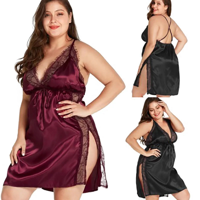 Plus größe frauen einteiliges pyjamas sets Sexy Satin Nachthemd Nachtwäsche Spitze Ärmel Dessous V-ausschnitt Nachthemd Größe s-5XL