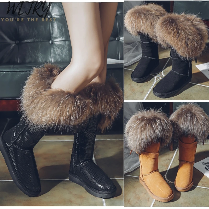 WETRY Natural Fox Fur Snow Boots Genuine Cow Suede Leather Boots Shoes Mid-calf Knee Boots Raccoon Fur Warm Female Flat Boots