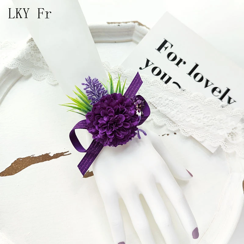 Lky Fr Bruidsmeisje Armband Bloemen Corsage Wedding Boutonniere Pinnen Zijden Bruids Meisje Armband Accessoires Party Pols Decoratie