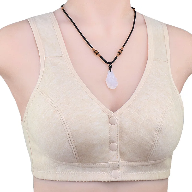 NY37 New ladies soft cotton vest-style middle-aged and elderly glossy large size no steel ring front buckle bra underwear