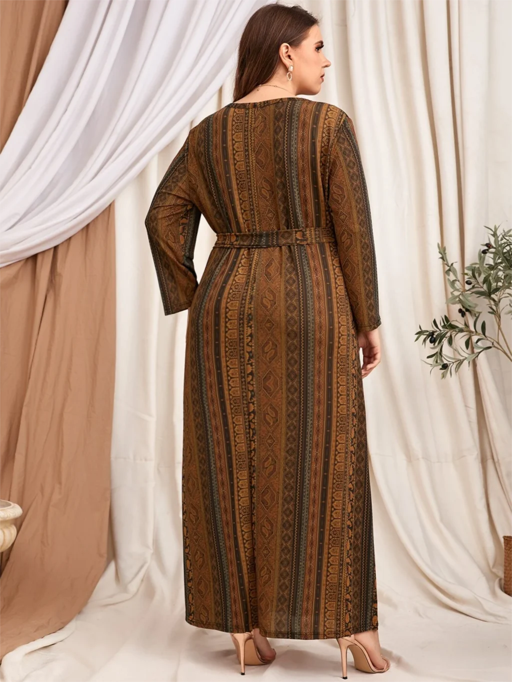 Winter Dress Women 2024 Female Long Sleeve Striped Retro Printing Vintage Dress Plus Size Loose Large Abaya Dubai Turkey Dress