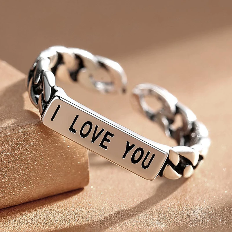 Vintage Ancient Silver Color Opening Rings For Men Women I Love Chain Design Simple Letter Finger Ring Band Fashion Accessories