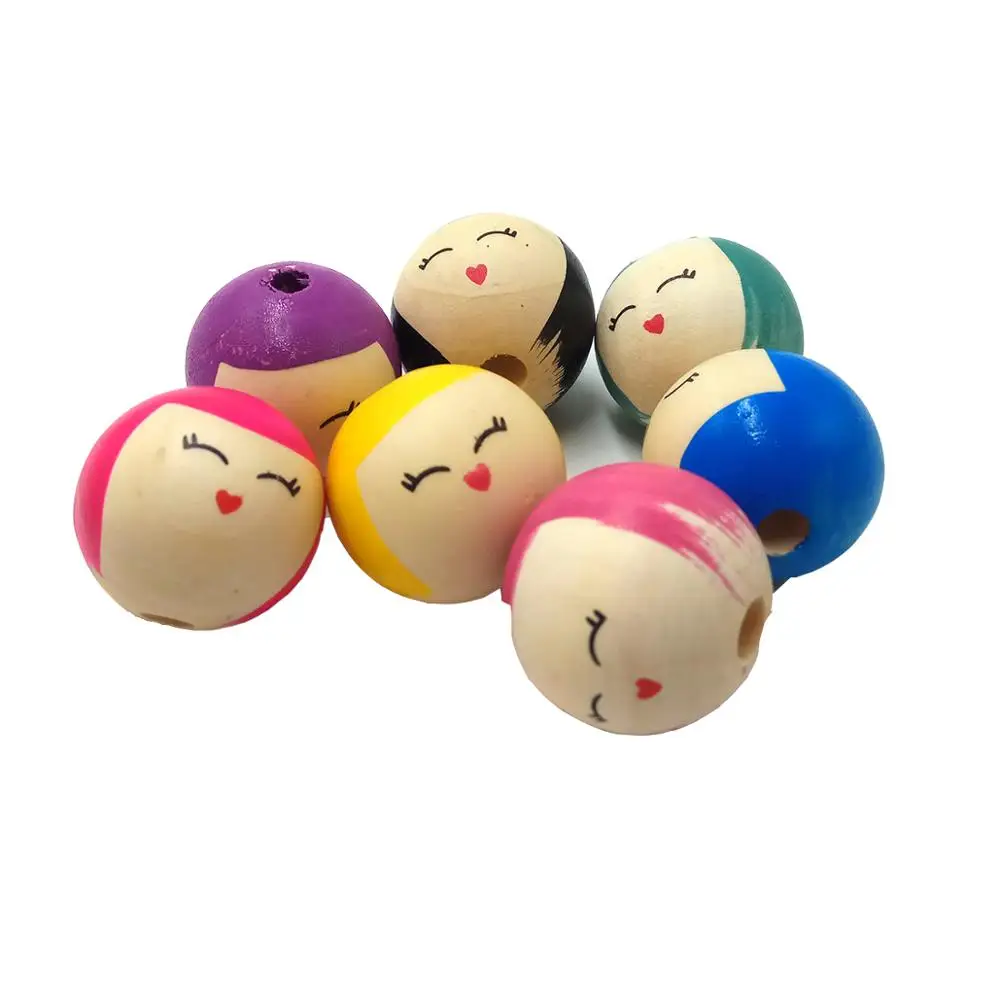 25mm Wooden Round Beads Hand-Painted Little Girl Cartoon Smile Doll Round Spacer Beads DIY Beaded Necklace Key Ring Accessories