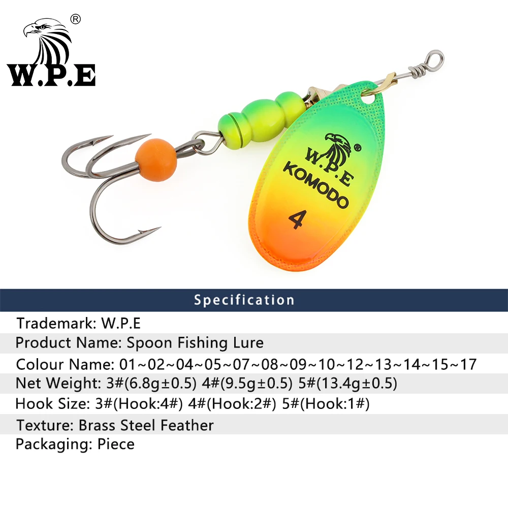 W.P.E Spinner Lure Spoon Fishing Lure1pcs 3#/4#/5# 6.8g/9.5g/13.4g Brass Copper Metal Treble Hook Bass Lure Fish Tackle Pesca