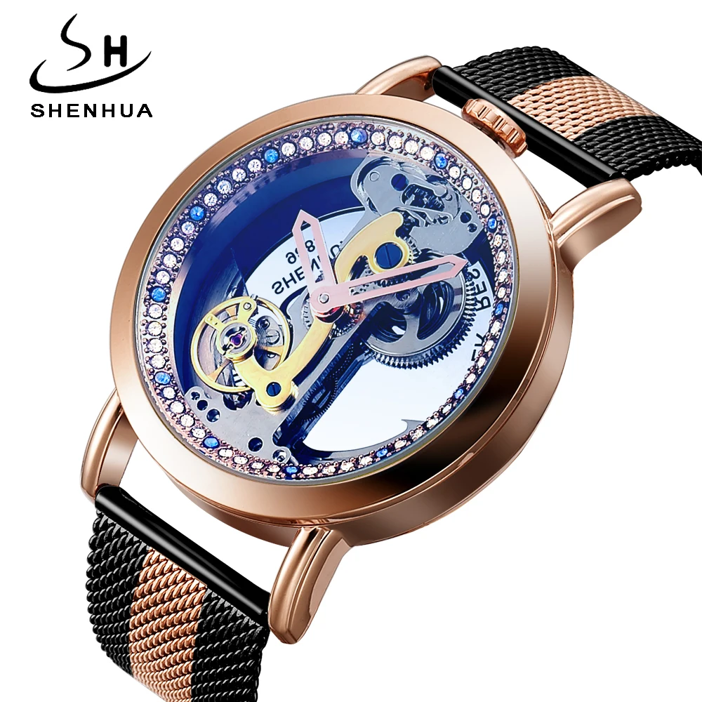 

Classic Large dial Women Mesh Strap Mechanical Watches Transparent Skeleton Fashion Diamond Luxury Women automatic Watches Clock