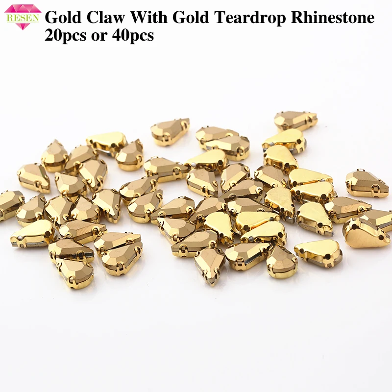 RESEN 20PCS Gold Teardrop Sewing Rhinestone With Gold Claw Glass Aurum Color Crystal Stone For Diy Clothing Dress