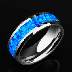 2024 New Luxury 8mm Tungsten Steel Ring Inlaid Blue Opal Wedding Ring Men's Never Faded Engagement Promise Jewelry Gift