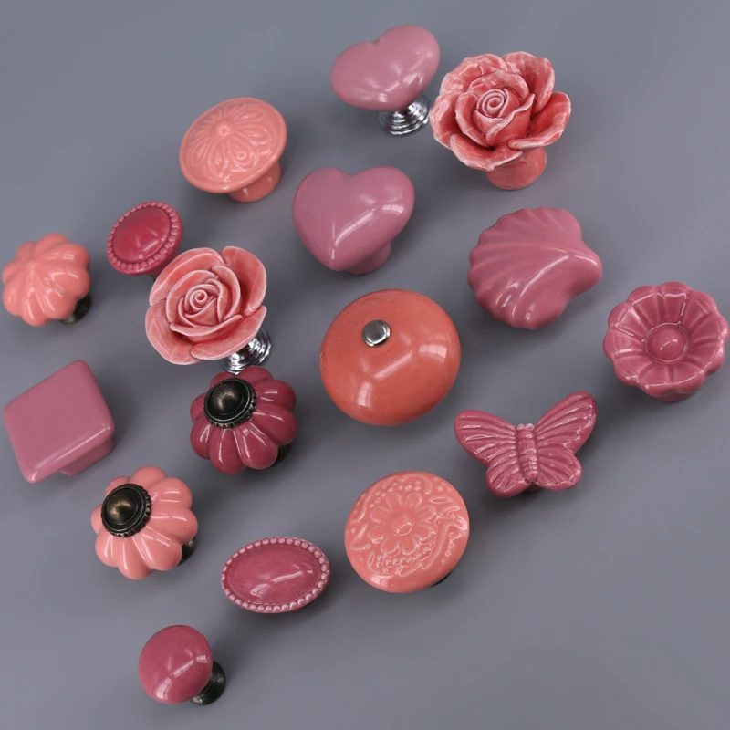 1PC Ceramic Dresser knobs Pink/rose red Cabinet Drawer Door Cupboard Pull Knobs Handles Children\'s Room Closet Handles