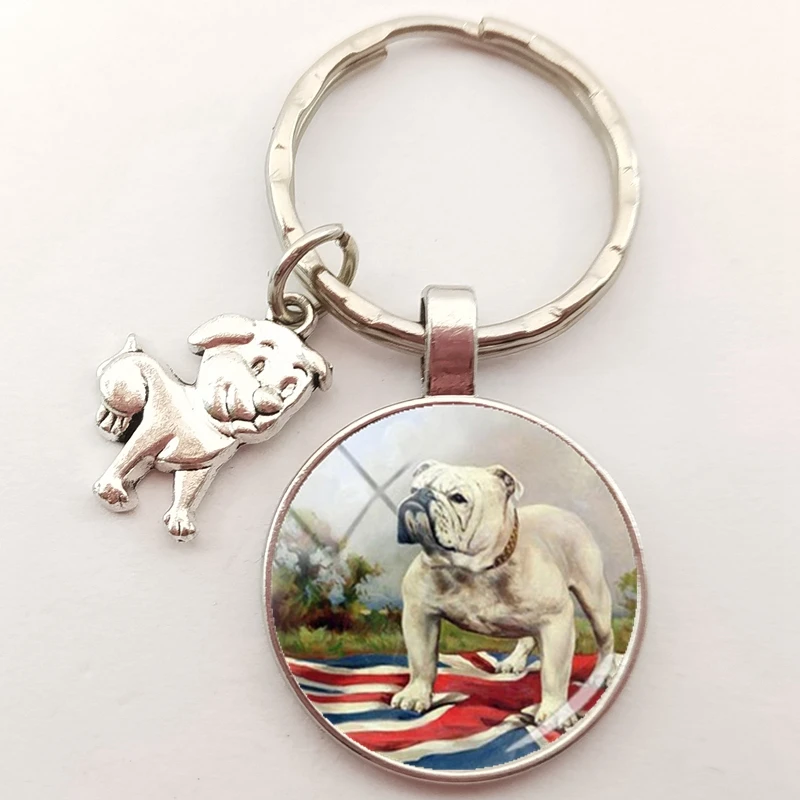 Fashion Bulldog Keychain English Bulldog Keychain Charm Round Handmade Craft Glass Dome Keychain Ladies Bag Keyring